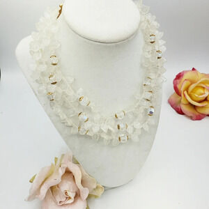 1960s Vintage White Lucite Floral Beaded Necklace w/ Gold • Triple Strand